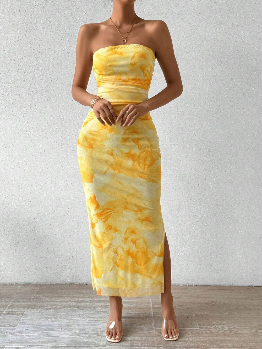 ZARA Tulle Printed Strapless Bodycon Dress High Waist Slim Fit Slit